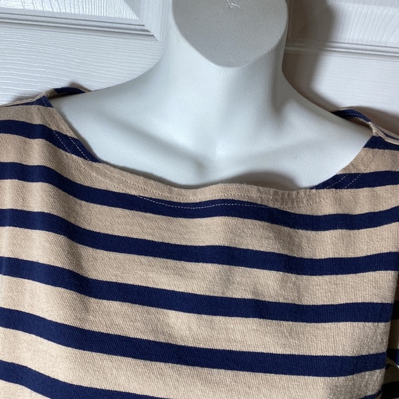 J. Crew Women’s Tan Navy Striped 3/4 Sleeve Boat Neck Cotton Shirt Size Small - Picture 5 of 6
